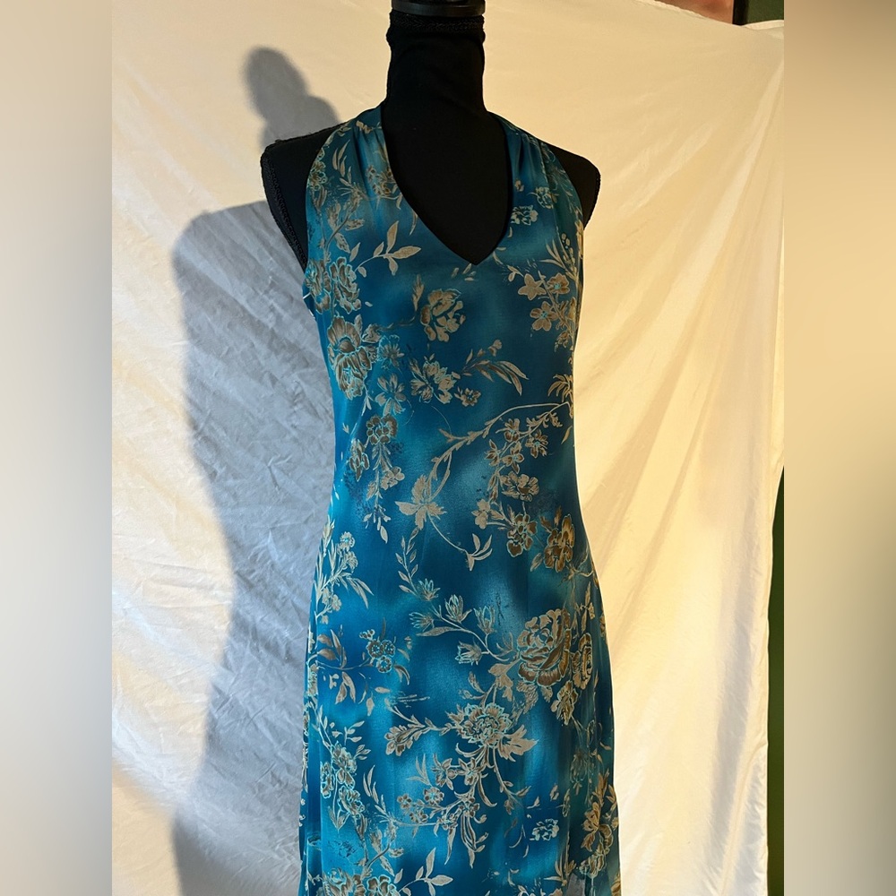 Asymmetrical Halter Dress in Blue Floral